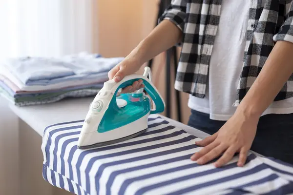 Detail Female Hands Holding Iron Ironing Washed Wrinkled Clothes Ironing — Stock Photo, Image