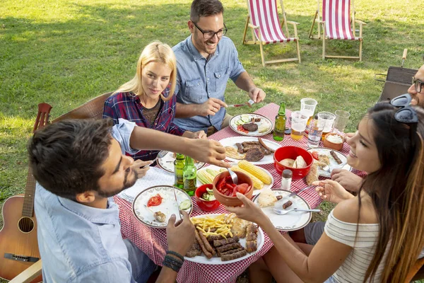 Bir grup arkadaş dışarıda barbekü yapıyor, ızgara et yiyor, bira içiyor ve eğleniyorlar.