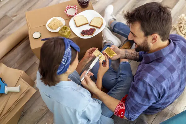 Top View Young Couple Love Sitting Floor Cardboard Boxes Having — Stock Photo, Image
