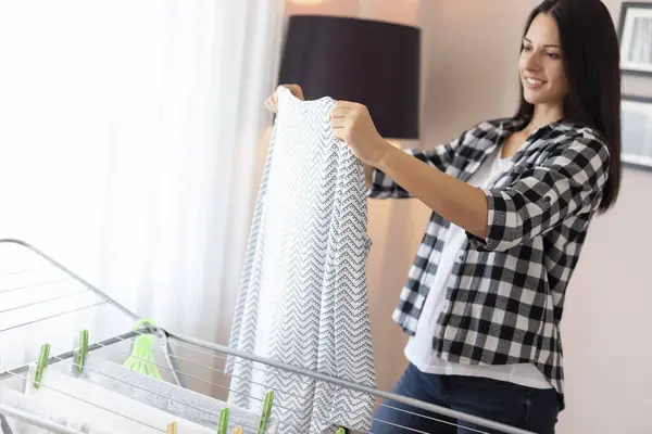 Beautiful Young Woman Doing Housework Hanging Washing Out Dry Focus — Stock Photo, Image