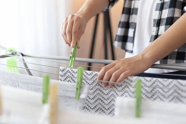Detail Female Hands Hanging Washing Out Dry Drying Rack Focus — Stock Photo, Image