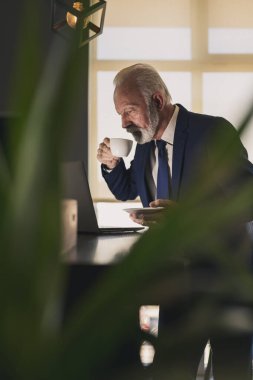 Modern bir ofiste kıdemli bir işadamı dizüstü bilgisayarda çalışıyor ve kahve içiyor.