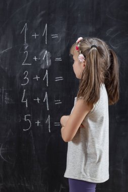 Karatahtanın önünde duran kız öğrenci matematik denklemlerini çözüyor, özet çalışıyor. Kıza odaklan.