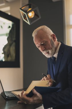 Modern bir ofiste kıdemli bir işadamı dizüstü bilgisayar üzerinde çalışıyor ve planlayıcısının notlarını okuyor, düşünceli ve ciddi.