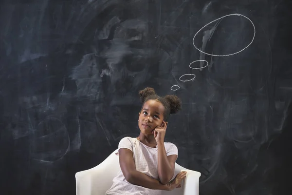 Beautiful Mixed Race Elementary School Girl Sitting Chair Front Chalkboard — Stock Photo, Image