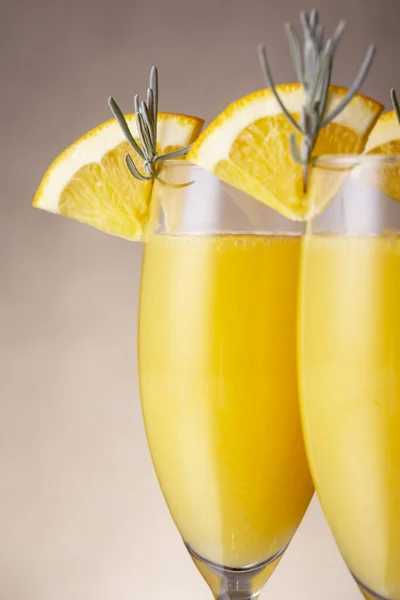 Detail Mimosa Cocktails Champagne Glasses Orange Juice Sparkling Wine Decorated — Stock Photo, Image