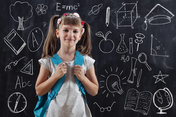 Schoolgirl Wearing Backpack Standing Front Blackboard Her First Day School — Stock Photo, Image