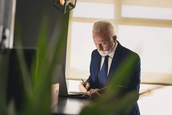 Senior Businessman Modern Office Working Laptop Computer Taking Notes Pensive — Stock Photo, Image