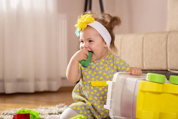 Beautiful Little Baby Girl Sitting Carpet Nursery Floor Playing Chewing — Stock Photo, Image
