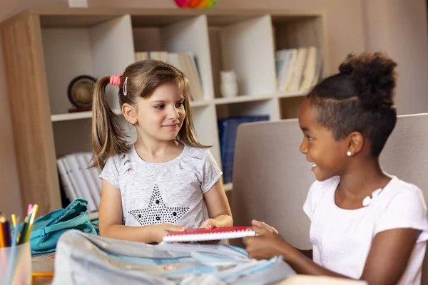 Two Little Girls Packing School Bags Getting Ready First Day — Stock Photo, Image