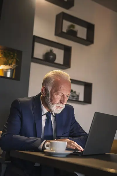 Senior Businessman Restaurant Working Laptop Computer Having Cup Coffee — Stock Photo, Image