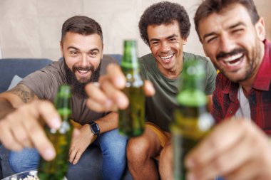 Bir grup erkek arkadaş evde vakit geçirip, kadeh kaldırarak ve bira içerek eğleniyorlar.