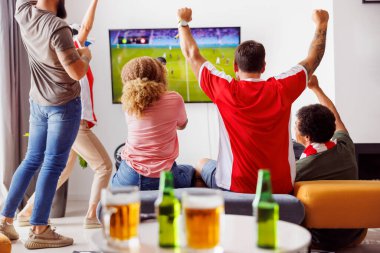 Bir grup genç arkadaş TV 'de maç izlerken, bira içerken ve tezahürat yaparken eğleniyorlar; futbol taraftarları takımlarının gol atmasının ardından evde maç izliyorlar.