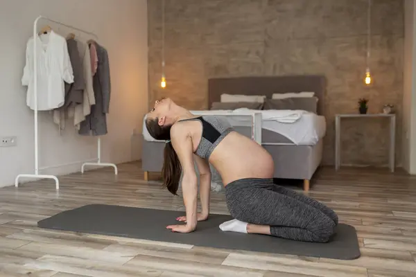 Kobieta Ciąży Ćwiczy Domu Podczas Trzeciego Trymestru Życia Praktykując Zdrowy — Zdjęcie stockowe