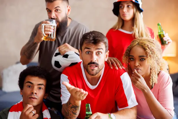 Group Football Fans Watching Game Disappointed Team Missing Goal Loosing — Stock Photo, Image