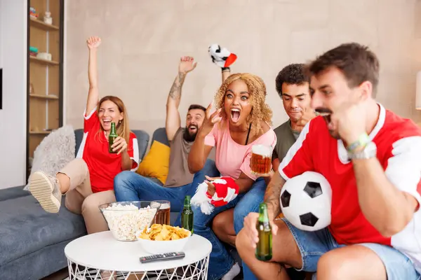 Group Cheerful Football Fans Having Fun Cheering Celebrating Team Scoring — Stock Photo, Image