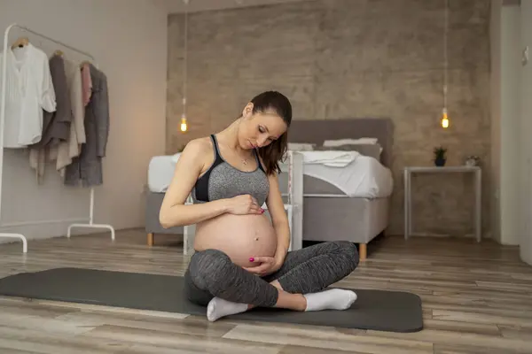 Beautiful Pregnant Woman Third Trimester Doing Prenatal Exercises Home Sitting — Stock Photo, Image