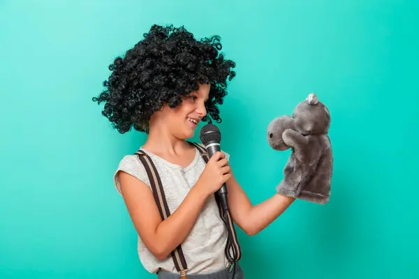 Child Comedian Performing Puppet Isolated Mint Colored Background — Stock Photo, Image
