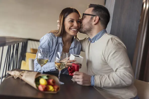 Couple Date Restaurant Celebrating Anniversary Guy Kissing Girl Giving Her — Stock Photo, Image