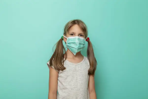 Little Girl Wearing Surgical Mask Flu Infection Protection Mint Colored — Stock Photo, Image