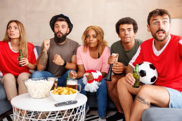 Group Friends Watching Football Home Tense While Cheering Team Expectation — Stock Photo, Image