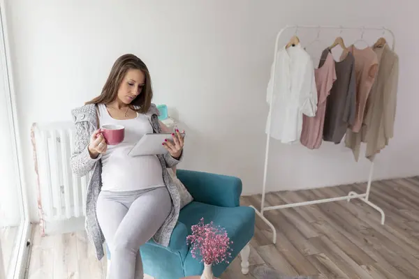 Hermosa Mujer Embarazada Relajándose Casa Sentada Sillón Leyendo Blogs Maternidad — Foto de Stock