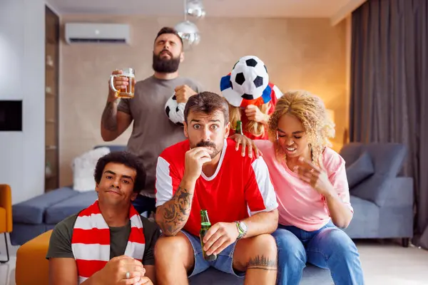 Group Football Fans Watching Game Disappointed Team Missing Goal Loosing — Stock Photo, Image