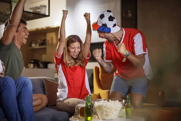Group Young Friends Watching Football Match Celebrating Team Has Scored — Stock Photo, Image