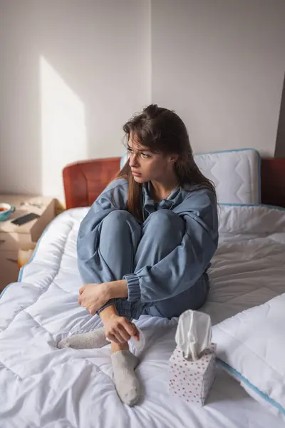 Sad Young Woman Wearing Pajamas Sitting Bed Pensive Looking Distance — Stock Photo, Image