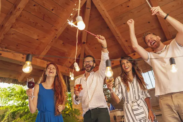 Group Cheerful Young Friends Having Fun Dancing Drinking Cocktails Birthday — Stock Photo, Image