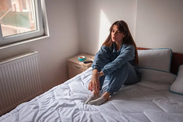 Young Woman Wearing Pajamas Sitting Bed Morning Pensive Serious Having — Stock Photo, Image