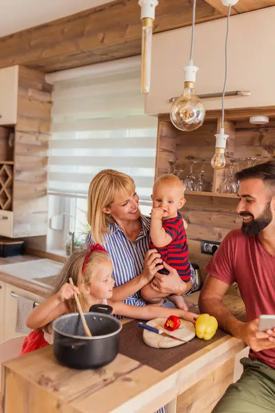 Beautiful Happy Family Having Fun Cooking Lunch Together Sitting Kitchen — Stock Photo, Image