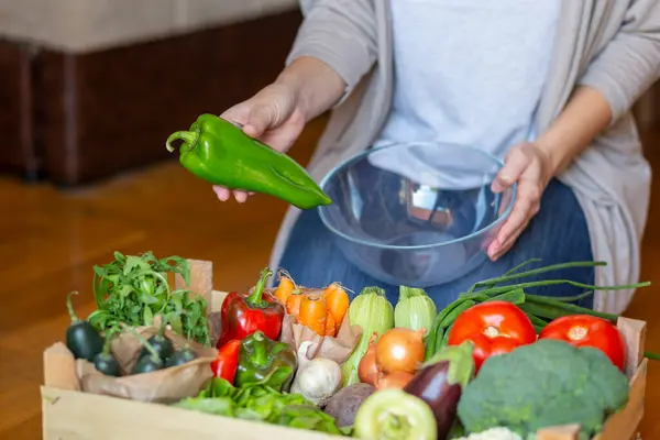 Woman Holding Bowl Selecting Fresh Organic Vegetables Lunch Preparation Food — Stock Photo, Image