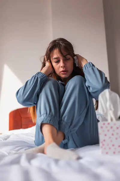 Depressed Anxious Young Woman Wearing Pajamas Sitting Bed Morning Holding — Stock Photo, Image