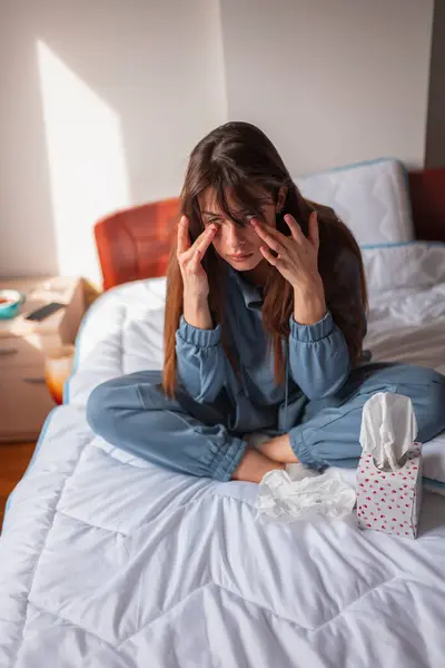 Upset Young Woman Wearing Pajamas Sitting Bed Morning Wiping Tears — Stock Photo, Image