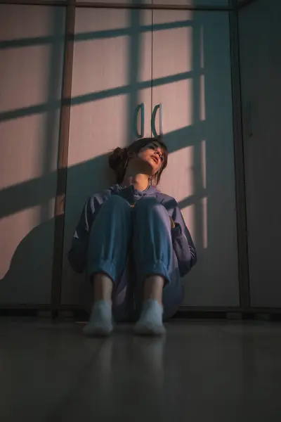 Depressed Woman Sitting Floor Dark Smeared Make Crying — Stock Photo, Image