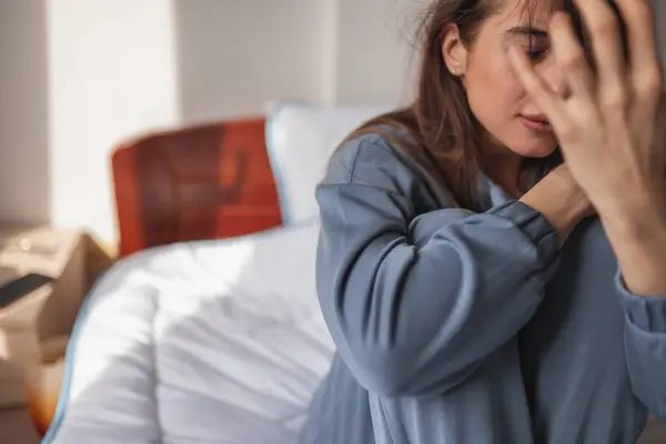 Upset Young Woman Wearing Pajamas Sitting Bed Morning Crying — Stock Photo, Image