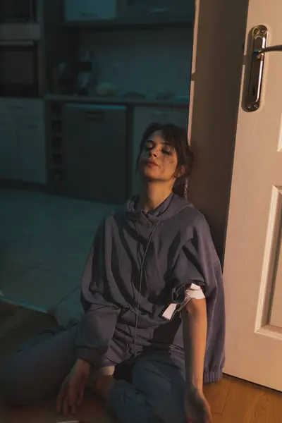 Woman Sitting Floor Dark Shooting Heroin Female Drug Addict Intravenous — Stock Photo, Image