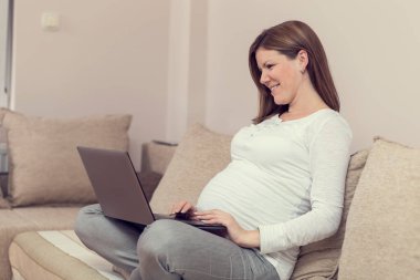 Kanepede oturup dizüstü bilgisayarla internette sörf yapan neşeli hamile kadın.