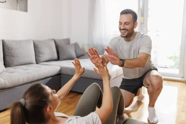 Couple Doing High Five Hard Home Workout Focus Hands — Stock Photo, Image