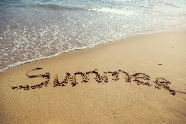 Word Summer Handwritten Sand Beach Next Waterline — Stock Photo, Image