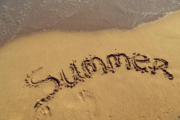 Word Summer Handwritten Sand Beach Next Waterline — Stock Photo, Image