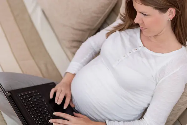 Pregnant Woman Sitting Couch Living Room Surfing Net Laptop Computer — Stock Photo, Image