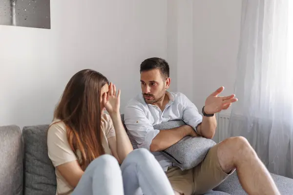 Couple Having Fight Home Sitting Living Room Couch One Next — Stock Photo, Image