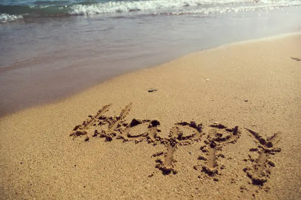 Word Happy Handwritten Sand Beach Next Waterline — Stock Photo, Image