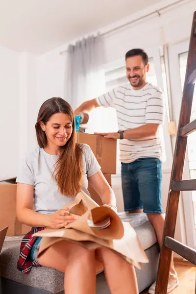 Couple Love Packing Things Cardboard Boxes Getting Ready Relocation Man — Stock Photo, Image