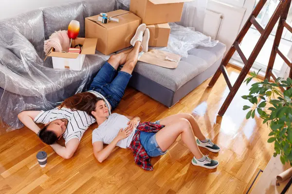 High Angle View Couple Love Lying Floor New Home Relaxing — Stock Photo, Image