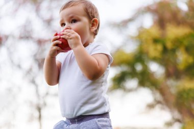 Dışarıda ailesiyle vakit geçirirken bir elmayı tutan ve ısıran şirin bir çocuğun portresi.