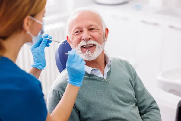 Doctor Checking Patient Teeth Dentist Office Senior Man Dental Checkup — Stock Photo, Image