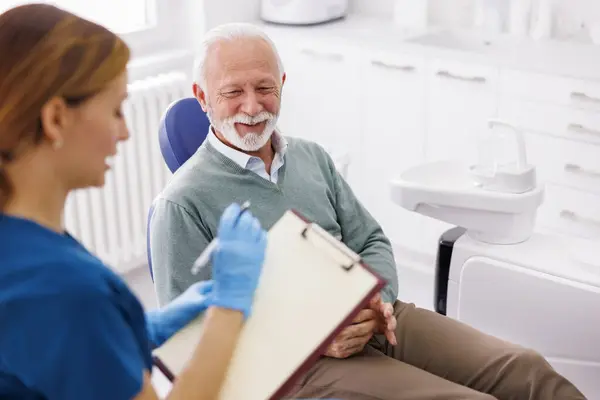 Senior Man Having Dental Checkup Dentist Office Consulting Doctor Necessary — Stock Photo, Image